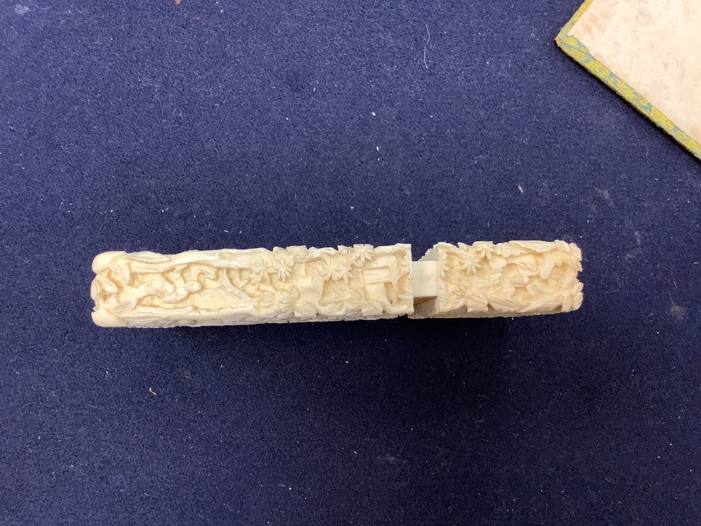 A 19th century Chinese export ivory case, in original brocade covered case stamped 'Luenchun', 11 x 7cm
